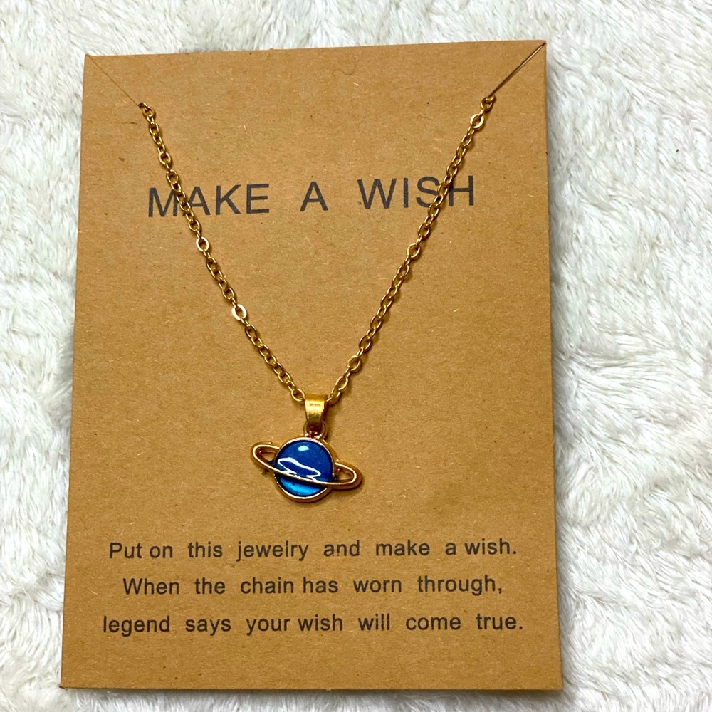Planet Saturn Necklace Space Jewelry Make a Wish Gold tone chain